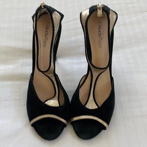 Claudia Tozzi size 38 / US 7.5 vea heels in black suade with gold trim.